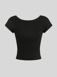 Backless Blouse Fitted Modeling Baby Tee Cropped Open Back Women's Suplex Top Basic Women's Backless Cropped Short Sleeve High Quality Polyamide Top - 黑色 - 查看 2