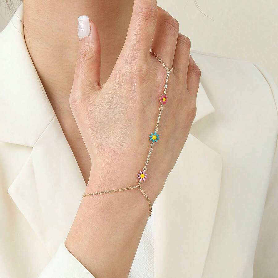 1pc Exquisite Zirconia Pendant Finger Rings Bracelets For Women Boho Connected Hand Harness Bracelets Wedding Jewelry Gift - Gold - View 1