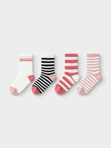 Balabala 4 Pairs Kids' Socks, Autumn Striped Mid-Calf Socks, Boys' & Girls'