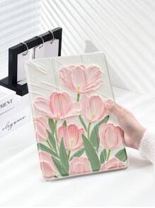 1 pieza Funda protectora para tableta con estampado de tulipanes rosas de estilo pintura, compatible con iPad 10.2", iPad Pro 2021/2020, iPad 9/10 Gen, Galaxy Tab A8 10.5" 2022, Matepad 10.4/Tab, a prueba de caídas, con ranura para lápiz, soporte de suspensión/activación - Multicolor - Ver 3