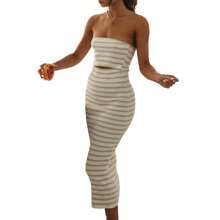 Women Summer Casual Tube Dresses Strapless Backless Hollowed Striped Patchwork Long Dress Clubwear