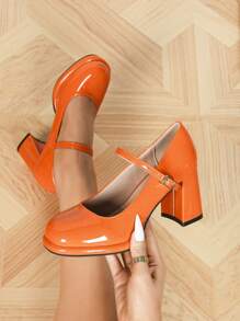 Versatile Round Toe Chunky Heel Mary Jane Pumps, New Arrival For Women - Orange - View 5