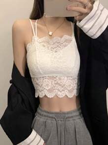女士蕾丝边性感百搭纯色修身吊带背心，适合夏季休闲穿着 白色 - 白色 - 查看 3