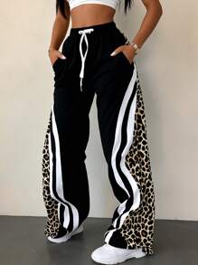 Plus Size Women High Waist Wide Leg Straight Sweatpants With Drawstring, Casual Striped - Black - View 1