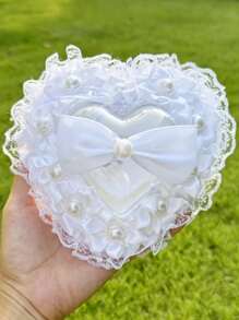 1 件白色结婚戒指枕头（不包括戒指）心形结婚戒指盒枕头垫配丝带珍珠蕾丝水晶玫瑰婚礼仪式戒指架