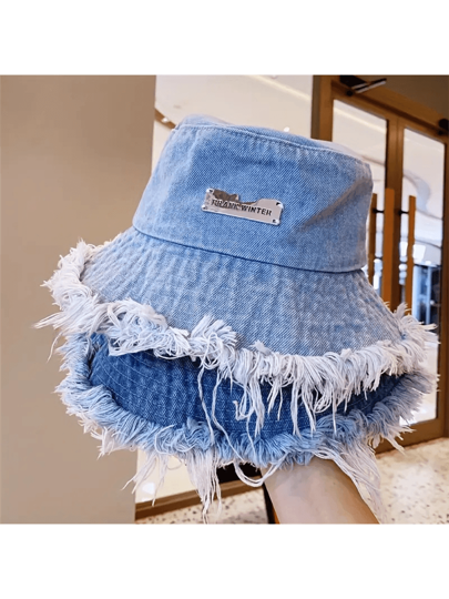 Chapéu de balde com bainha crua, chapéu de bacia com etiqueta de letras, chapéus de balde leves, versáteis e elegantes