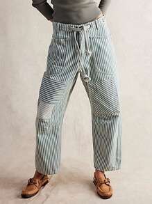 Women Striped Patchwork Pants Drawstring Barrel Pant Wide Leg Baggy Pants Streetwear Casual Y2k Loose Trousers With Pockets - 墨綠色 - 查看 3