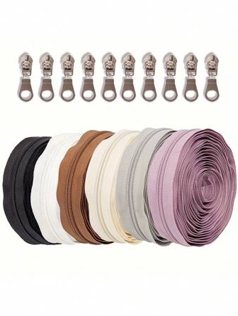 450cm/177.16 Inch Zipper With 10 Silver Zipper Heads, #5 Solid Color Nylon Zipper Available In 7 Colors Including White, Black And Beige, Suitable For Clothing, Bags, Home Textiles And DIY Projects