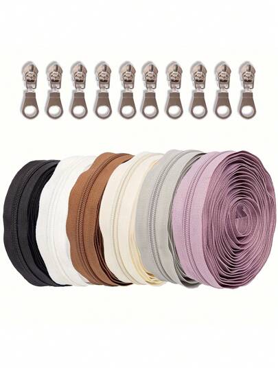 450cm/177.16 Inch Zipper With 10 Silver Zipper Heads, #5 Solid Color Nylon Zipper Available In 7 Colors Including White, Black And Beige, Suitable For Clothing, Bags, Home Textiles And DIY Projects