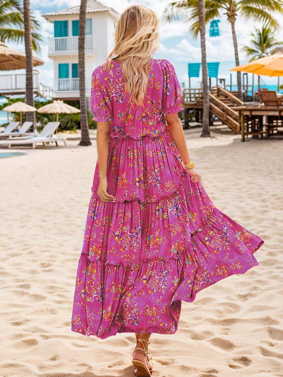 SANOPY Dresses For Women,Summer Dresses,Vacation Dresses For Women,Women's Ditsy Floral Long Maxi Dress, Crew Neck Lantern Short Sleeves Layer Ruffle Hem A-Line Dress - Màu Hoa hồng đỏ - Xem 1