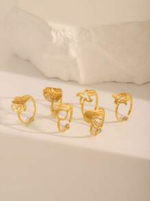 6 件套 18K 镀金不锈钢经典海洋主题镂空章鱼、贝壳、海豚、海星、海龟、水母设计指环适合女士日常佩戴 - 金色 - 查看 1