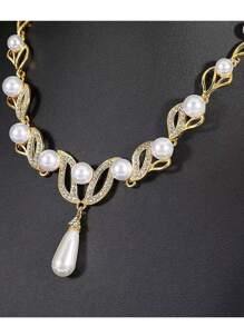 3 pièces Collier en perles plaqué or, ensemble de boucles d'oreilles, ensemble de bijoux de mariage pour femmes, boucles d'oreilles en perles, 3 couleurs disponibles (or/argent/or rose) - Doré - Voir 4