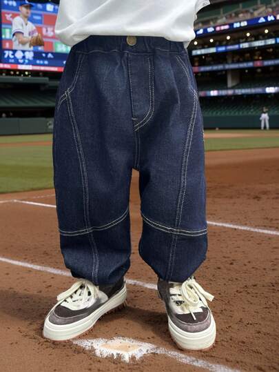 1 Stück Jungen Einfarbige Lässige Weite Passform Aufschlitzlinie Gerade Bein Jeans, geeignet für den Frühling