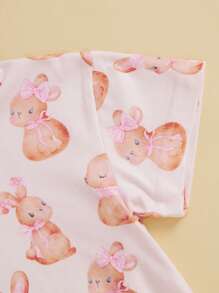 Baby Girls Easter Rabbit  Eggs Print Romper - Soft Cotton Outfit With Headband For Spring - Pink - View 6