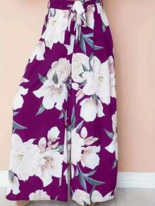 女式花卉印花束腰阔腿裤，松紧腰休闲度假通勤优雅时尚长裤配腰带，秋季 - 紫色 - 查看 4