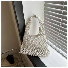 Solid Color Hollowed-Out Hand-Woven Shoulder Bag, Stylish Hand-Woven Handbag With Exquisite Single Strap Mesh Design, Perfect For Beach Vacations Or Summer Trips, Light And Breathable, Showing A Natural Casual Style