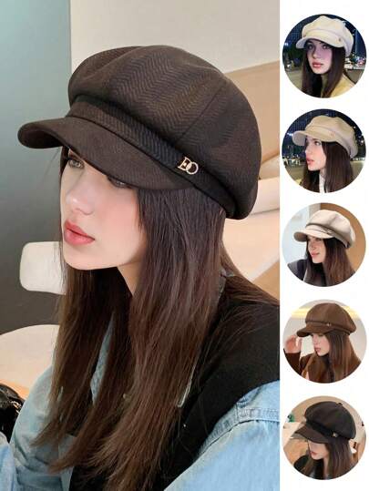 قبعة ذات حافة متنوعة 1 قطعة بإبزيم مكتوب عليه، قبعة بيريه سداسية الأضلاع، مناسبة للنساء، طراز كوري متنوع مناسب للربيع/الصيف، مناسبة للرؤوس الكبيرة