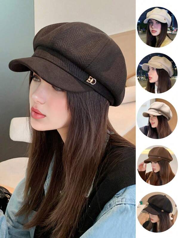 1pc Letter Buckle Octagonal Cap Beret Hat, Fashionable Brimmed Beret Cap, Suitable For Women, Versatile Spring/Summer Korean Style, Fits Large Head