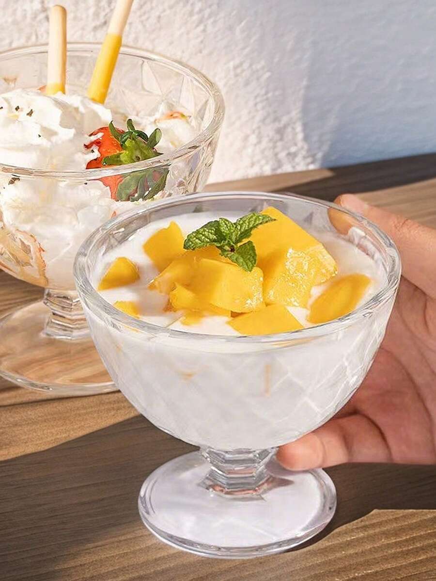 2 件北欧风格大容量优质冰淇淋玻璃碗，创意高脚饮料杯，透明鸡尾酒杯，酒杯，高档沙拉碗，砖纹设计