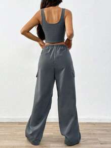 Set de 2 piezas Mujer Top deportivo y pantalón cargo de unicolor informal con diseño de bolsillos