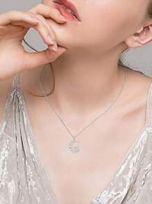 1pc Cute Kitty, Heart & Moon Pendant Necklace With Synthetic Crystal, Minimalist Design For Women