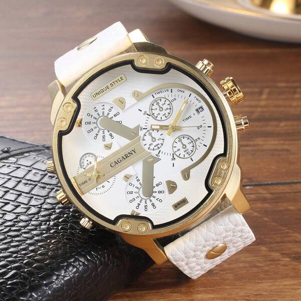CAGARNY 1pc CAGARNY Brand Big Dial 6820 Dual Time Zone Artificial Leather Quartz Men Wristwatches Date Fashion Alloy Casual Watch For Man