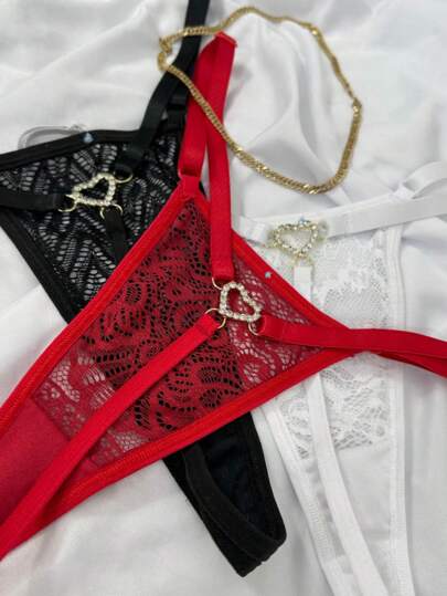 Kit 3 Tangas Coração Rendada Lingerie Sexy Langerie Sensual com Pingente Calsinha Fio Dental