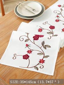 1pc Countryside Style Damask Fabric Decorative Table Runner With Embroidered Floral Applique, Suitable For Dining Table, Cabinet, Dresser, Desk, Outdoor Furniture, Home Decor, Gatherings, Parties, Weddings - Burgundy - View 11