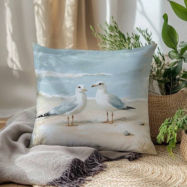 1 pezzo Federa decorativa per cuscino con gabbiano sulla spiaggia, in morbido velluto, stampa monofronte, 45*45 cm, adatta per casa, camera da letto, soggiorno, divano, regalo