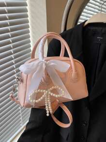 1 pieza Bolso de bolos de estilo dulce con cierre de cremallera, asa doble ajustable, decoración de lazo de perlas falsas, material de PU, adecuado para atuendo diario, viajes y vacaciones, bolso de perlas falsas, color rosa - Rosa - Ver 7