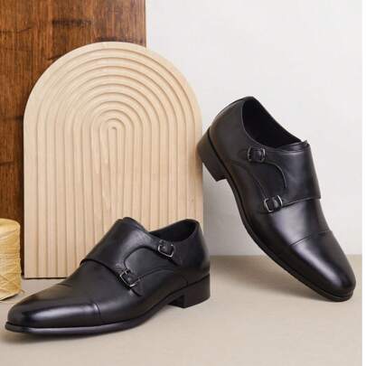 SHOESMORE Men's Leather Black Dress Loafers Double Monk Strap Oxford Slip On Cap Toe Brown Dress Shoes For Men