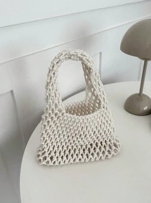 Solid Color Hollowed-Out Hand-Woven Shoulder Bag, Stylish Hand-Woven Handbag With Exquisite Single Strap Mesh Design, Perfect For Beach Vacations Or Summer Trips, Light And Breathable, Showing A Natural Casual Style