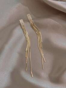 1 对简约长流苏水钻吊坠耳环，适合女士日常佩戴 - 金色 - 查看 2