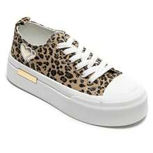 Women's Thick Sole Lace-Up Sneakers, With Heart-Shaped Patch, Available In Multiple Colors - Leopard-9151 - View 2