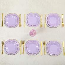 20 个装（9 英寸）优雅华丽淡紫色纸质派对盘，带金箔扇形边缘，午餐/甜点盘，适合婚礼/生日/公主派对 - 紫色 - 查看 5