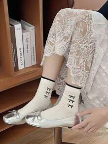 5 pares de nuevos calcetines tipo tripulación con diseño de lazo y volantes para mujer, calcetines largos lindos y dulces con diseños de dibujos animados, cómodos y versátiles, de estilo apto para todas las estaciones