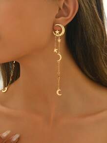 1 par de nuevos aretes colgantes creativos con flecos en forma de luna creciente y estrella, adecuados para festivales, uso diario y regalos para amigos