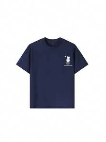 Tween Girls Casual Cat Print Round Neck Short Sleeve T-Shirt, Summer Top - Navy Blue - View 4