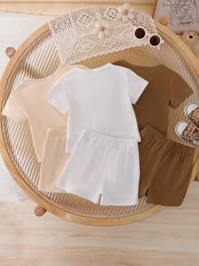 Summer Baby Girls Casual Commuting Letter Print & Heart Leopard Print Round Neck Short Sleeve Top & Printed Shorts 2 Pieces Suit Set