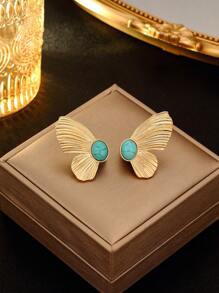 1 Pair Gold-Tone Butterfly Stud Earrings Inlaid With Natural Turquoise, White Turquoise And Malachite, Elegant And Versatile Earrings Suitable For Evening Parties And Everyday Wear, Symbolizing Hope And Good Wishes As A Fashion Accessory For Women