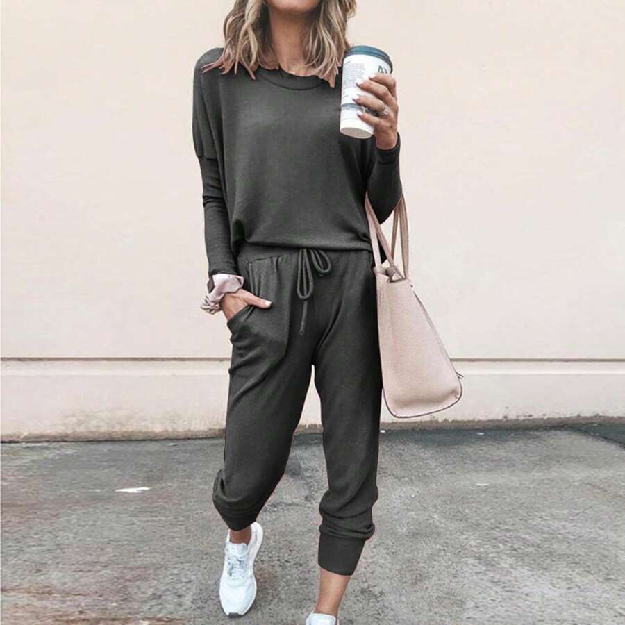 Women Tracksuits, Casual Sportswear Set Solid Color Long Sleeve O-Neck Pullover+Drawstring Trousers Lady Spring Tracksuit Outfit - Dark Grey - View 1
