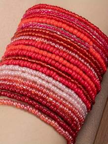 20pcs Bohemian White Series Rice Bead Layered Elastic Bracelet Set For Women - Red - View 3