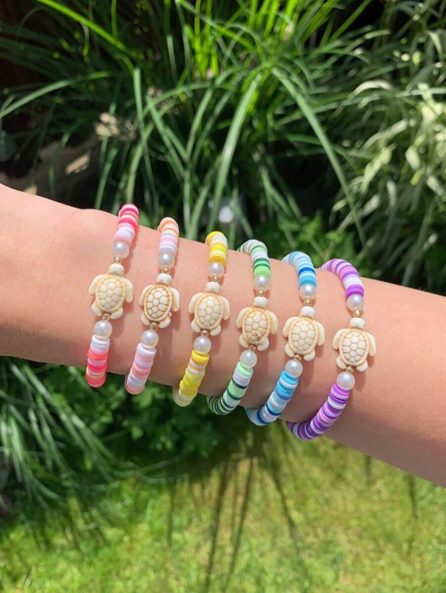 6pcs/Set Bohemian Style Colorful Polymer Clay Layered Sea Turtle Bracelet Set
