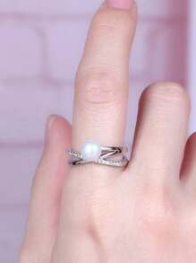 1pc Bridal Bridesmaid Ring With Adjustable Open Design & Cross Rhinestone & Faux Pearl Decoration, Gold Vintage