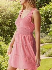 hoteel Casual Style Womens Sleeveless A-Line Mini Dress. Button Down Smocked Elastic Waist Ruffle Dress, Idea To Summer Wear - Pink - View 3