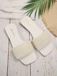 Plus Size Women's White Flat Faux Pearl Decorated Sandals With 5 Sizes Of Gradient Faux Pearl, Comfortable, Casual, Non-Slip, Size 35-43 Valentines