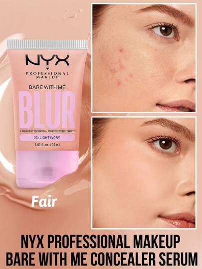  NYX PROFESSIONAL MAKEUP Bare With Me 遮瑕精华，白皙，瞬间打造光滑、朦胧肤色，可叠加，中等遮瑕力，哑光粉底效果，12 小时保湿，注入护肤成分，适合所有肤质，提供自然遮瑕力，易于涂抹和混合，