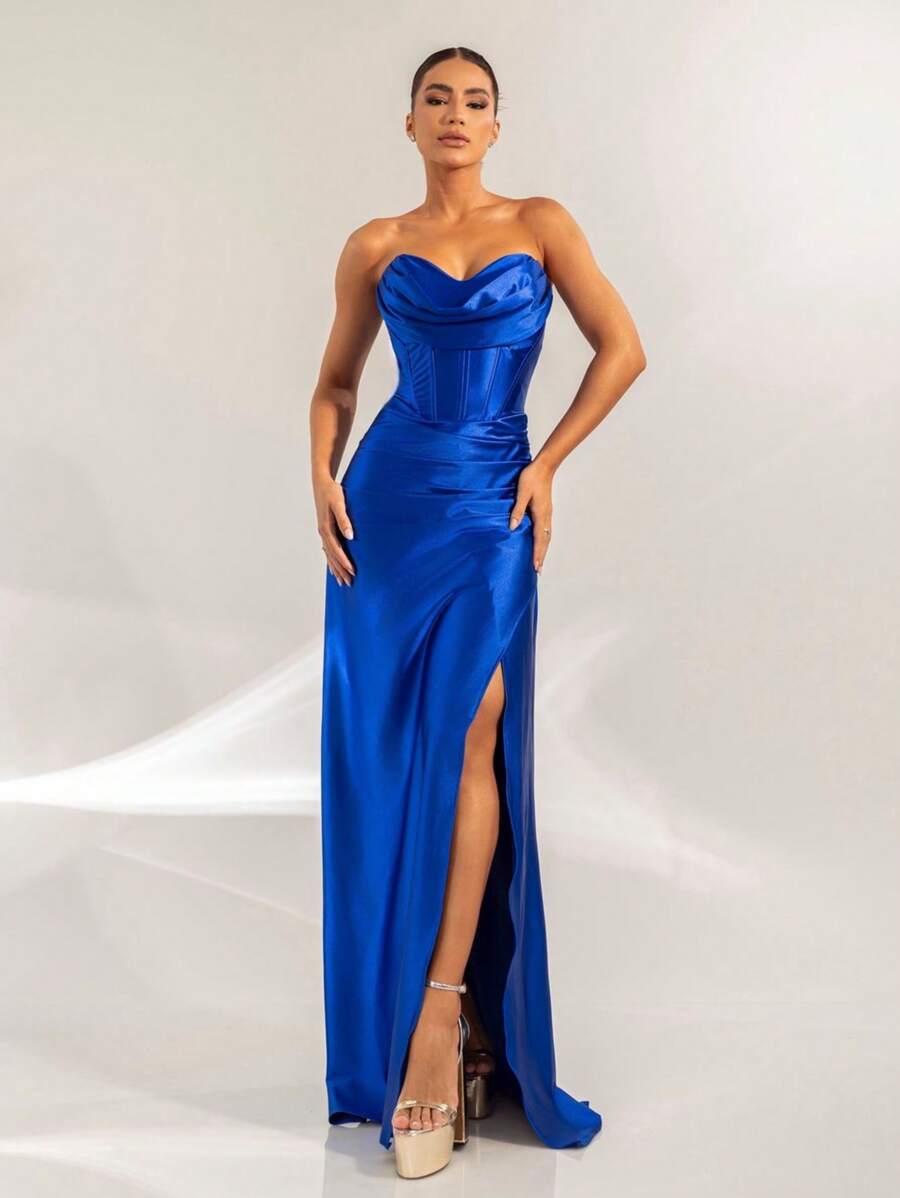 LONG PARTY DRESS WEDDING LAUNCH GODMOTHER FASHIONISTA STRAPLES WITH SLIT - Royal Blue - View 1