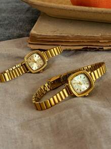 1 pieza Nuevo reloj de mujer de cuarzo de estilo vintage dorado, elegante y gracioso, con pulsera de acero inoxidable, esfera rectangular grabada con números arábigos, diseño único y artístico, adecuado para uso diario y como regalo de cumpleaños