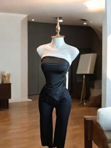 Blusa sin tirantes con bloques sin hombros - Negro - Ver 1